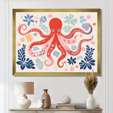 Deep Ocean Red Octopus Retro Illustration - Octopus Bedroom Wall Art