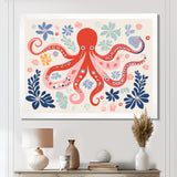Deep Ocean Red Octopus Retro Illustration - Octopus Bedroom Wall Art