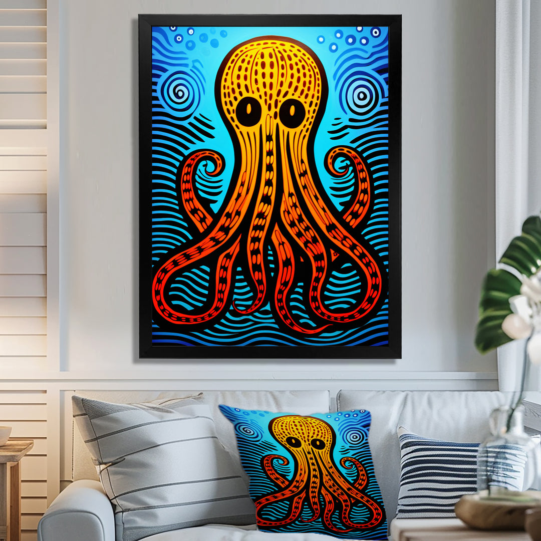 Orange Deep Sea Octopus Retro Abstract - Octopus Canvas Wall Art