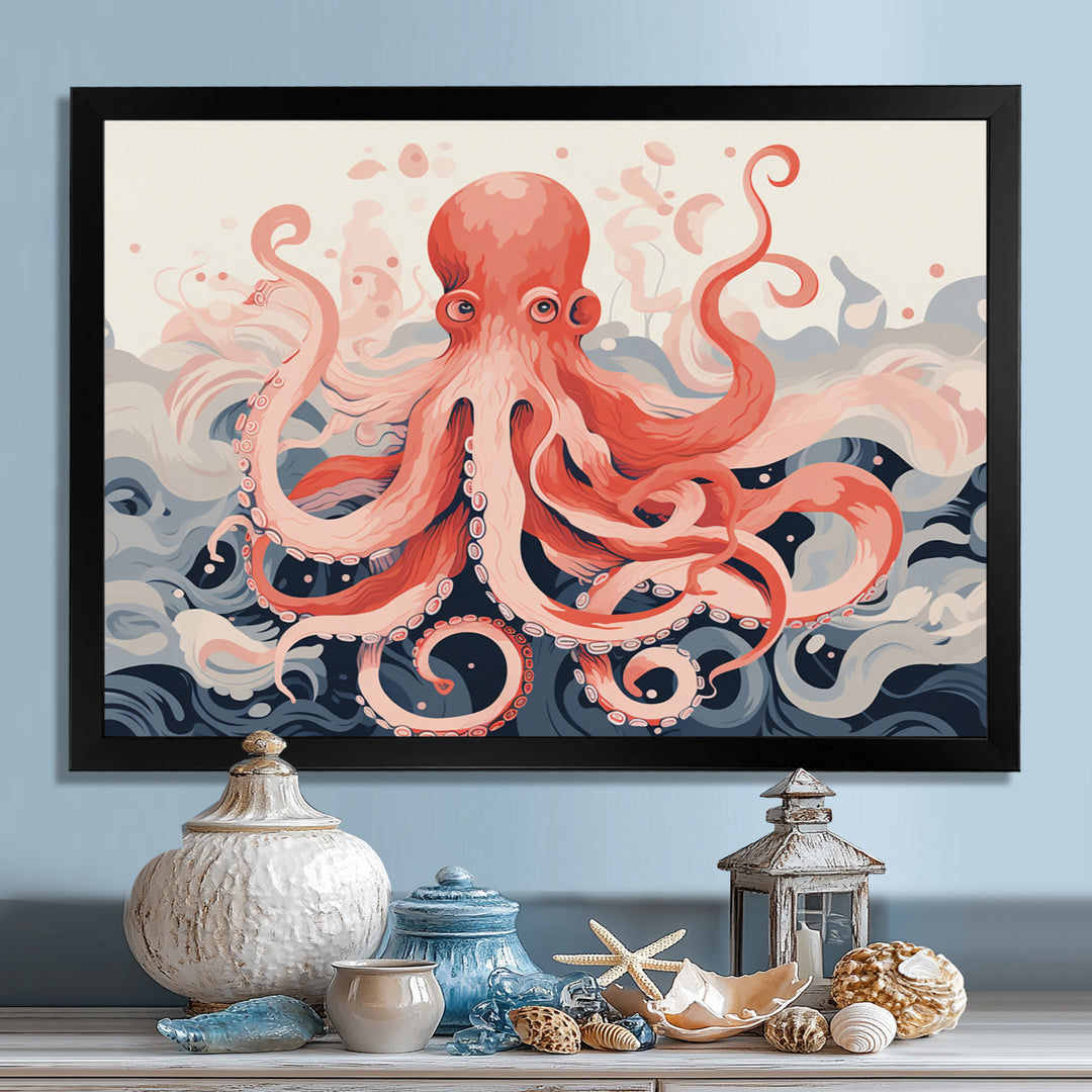 Octopus Queen On The Waves Retro Illustration - Octopus Wall Decor