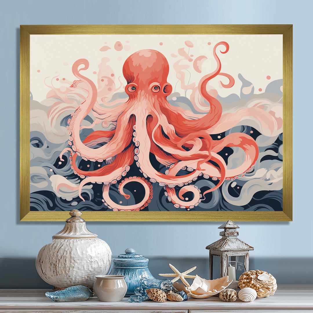 Octopus Queen On The Waves Retro Illustration - Octopus Wall Decor