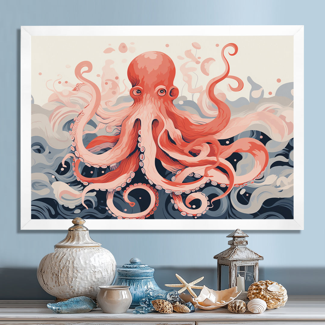 Octopus Queen On The Waves Retro Illustration - Octopus Wall Decor