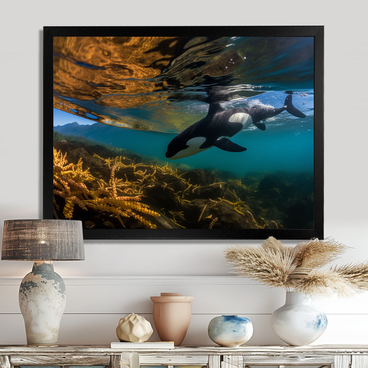 Orca Swimming In Blue Lagoon - Black Coastal Animal Wall Art