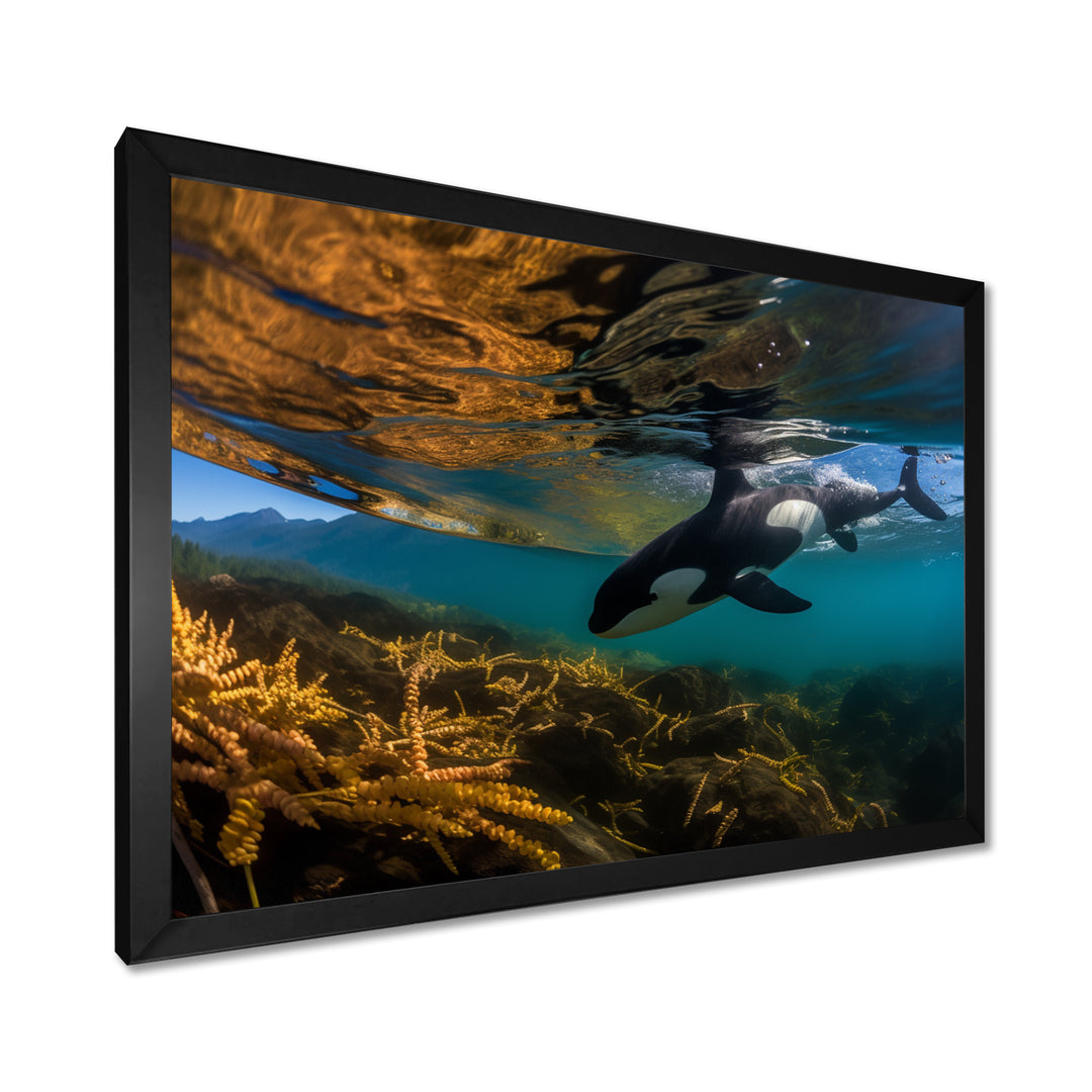 Orca Swimming In Blue Lagoon - Black Coastal Animal Wall Art