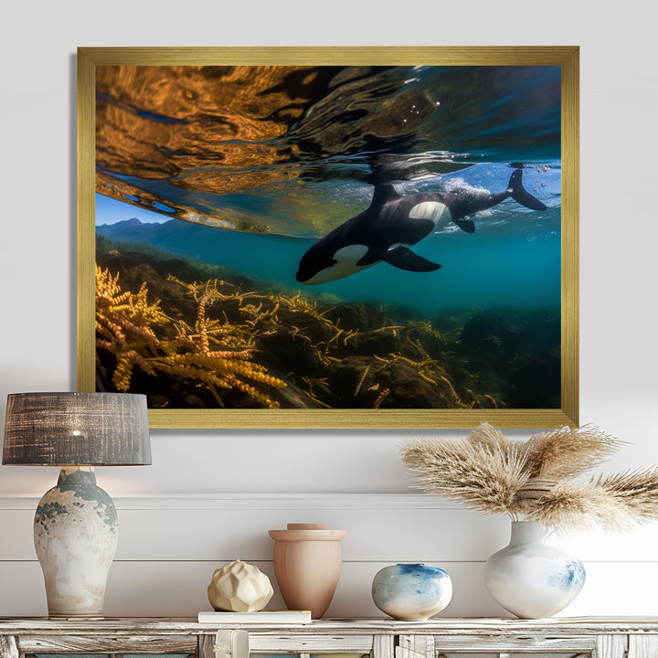 Orca Swimming In Blue Lagoon - Black Coastal Animal Wall Art
