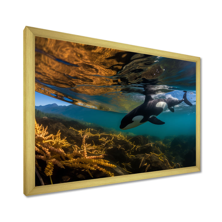 Orca Swimming In Blue Lagoon - Black Coastal Animal Wall Art