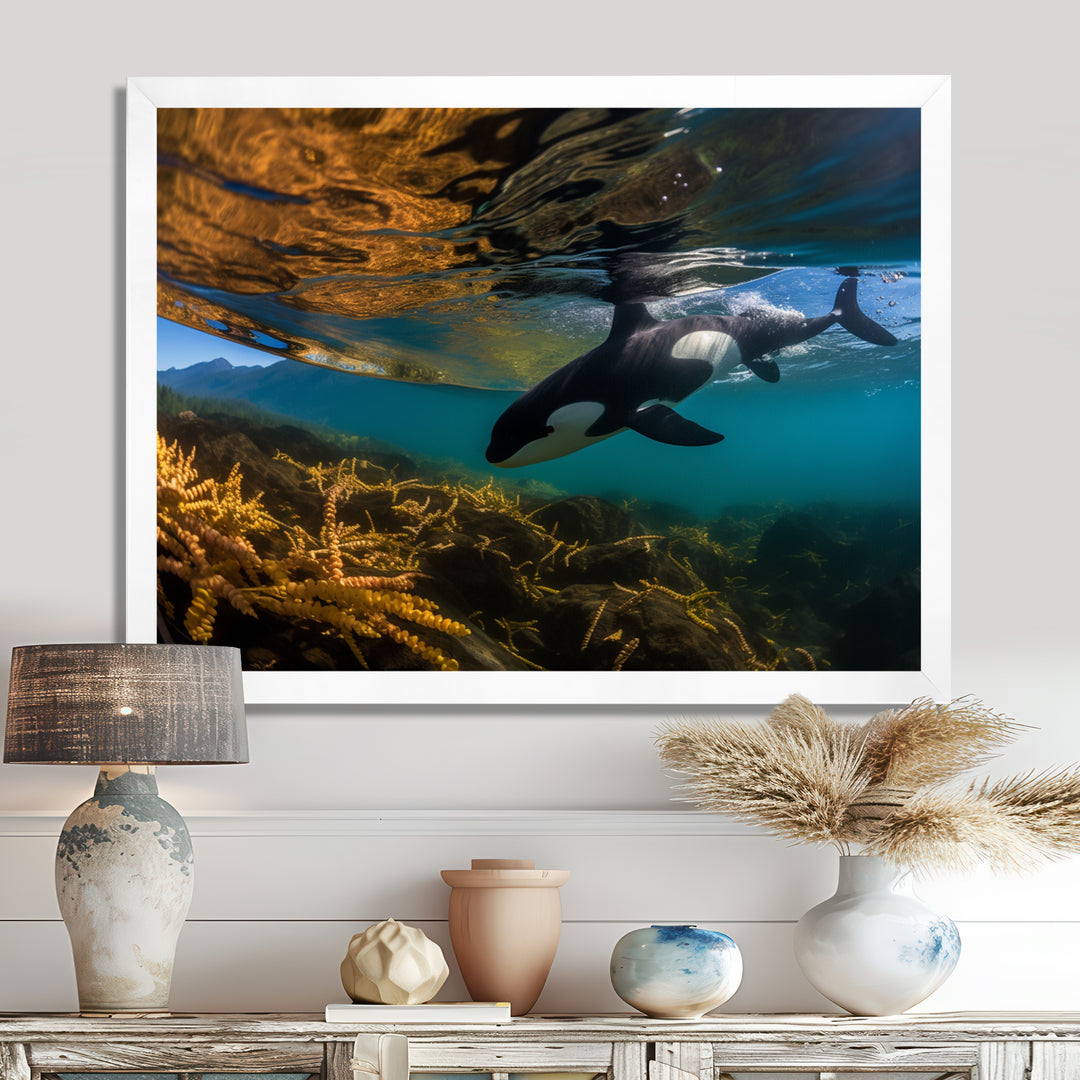 Orca Swimming In Blue Lagoon - Black Coastal Animal Wall Art