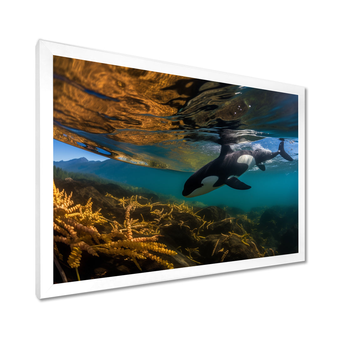 Orca Swimming In Blue Lagoon - Black Coastal Animal Wall Art