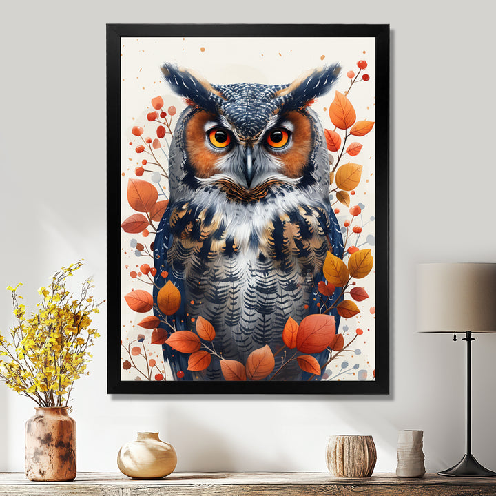Nobel Owl Red Autumn Leaves - Owl Framed Canvas Art