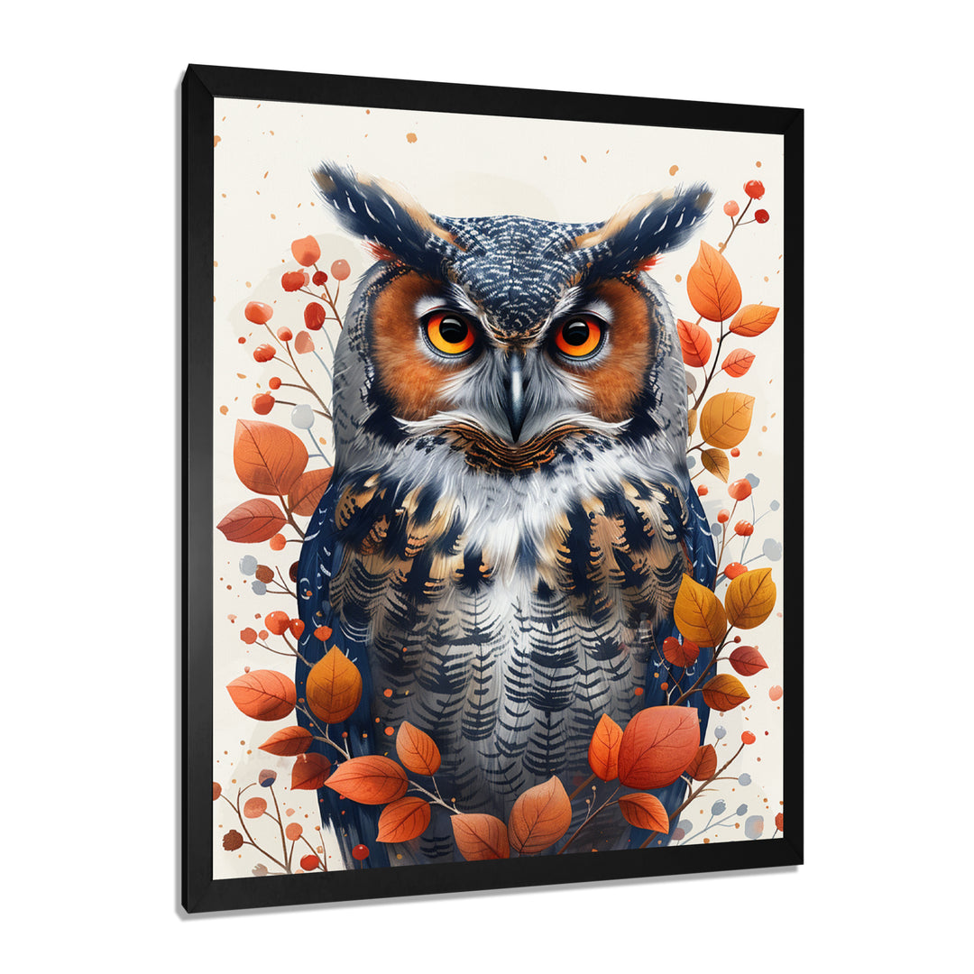 Nobel Owl Red Autumn Leaves - Owl Framed Canvas Art