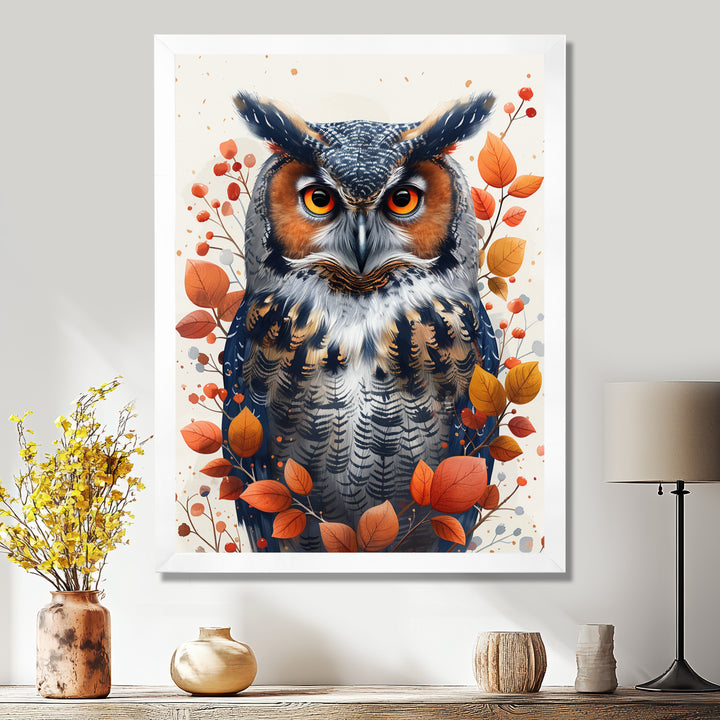 Nobel Owl Red Autumn Leaves - Owl Framed Canvas Art