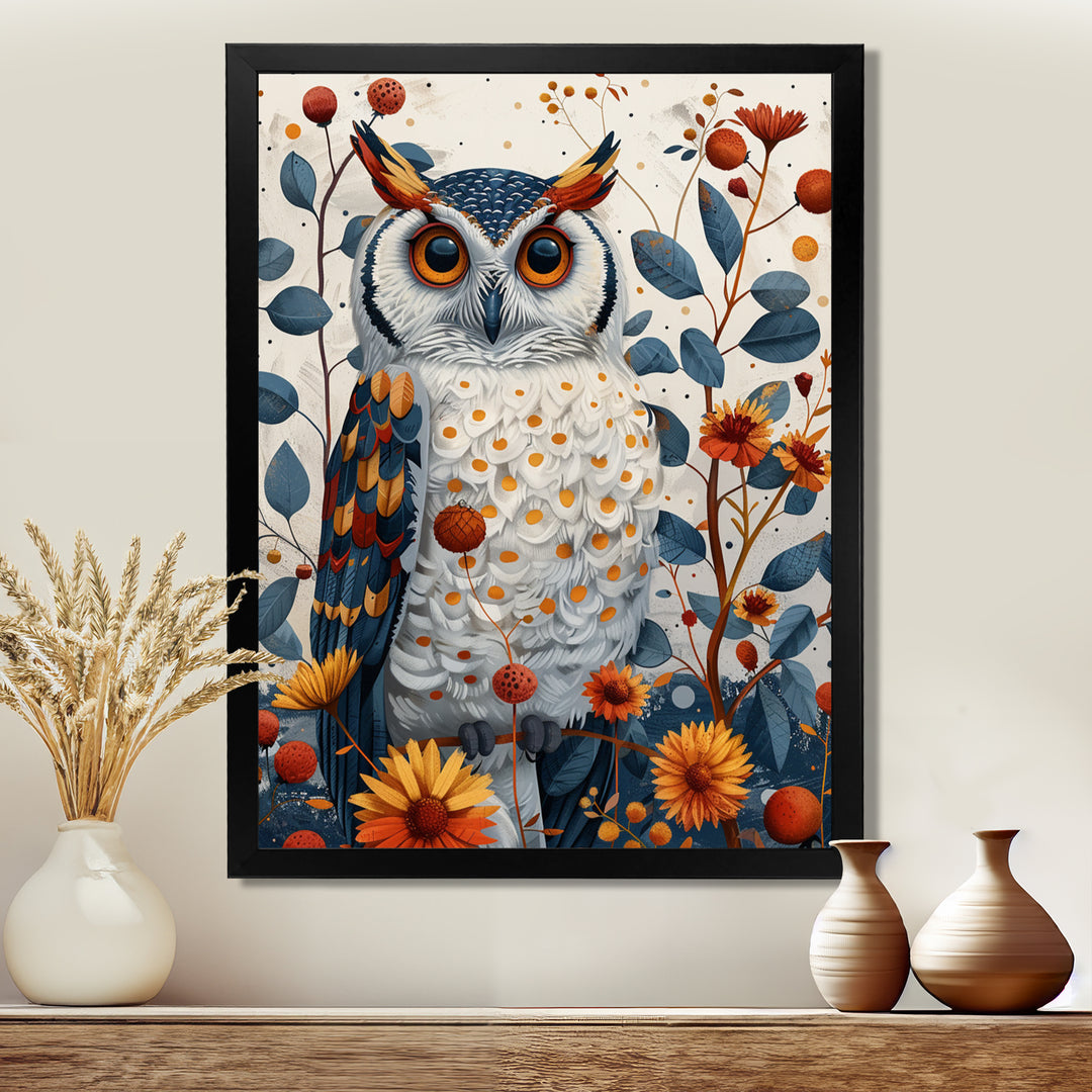 Nobel Owl Blooming Orange Flowers - Owl Large Canvas Wall Art