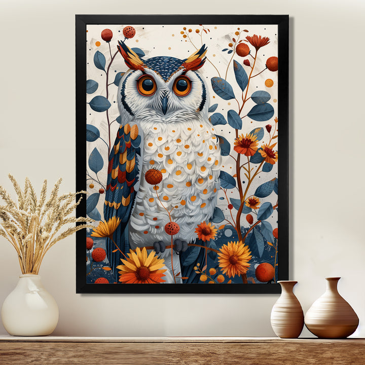 Nobel Owl Blooming Orange Flowers - Owl Large Canvas Wall Art