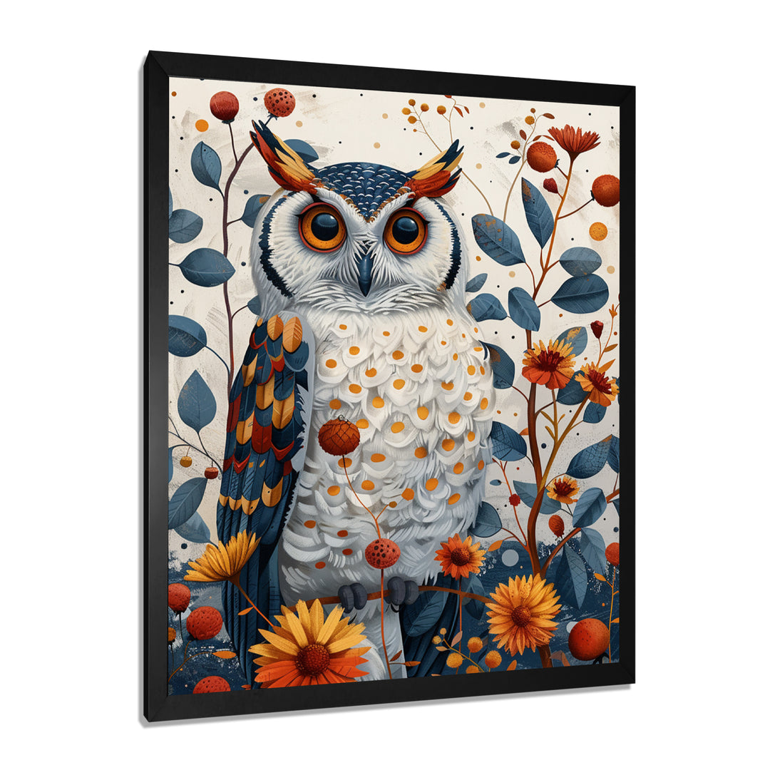 Nobel Owl Blooming Orange Flowers - Owl Large Canvas Wall Art