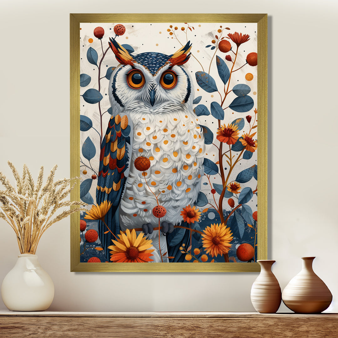 Nobel Owl Blooming Orange Flowers - Owl Large Canvas Wall Art