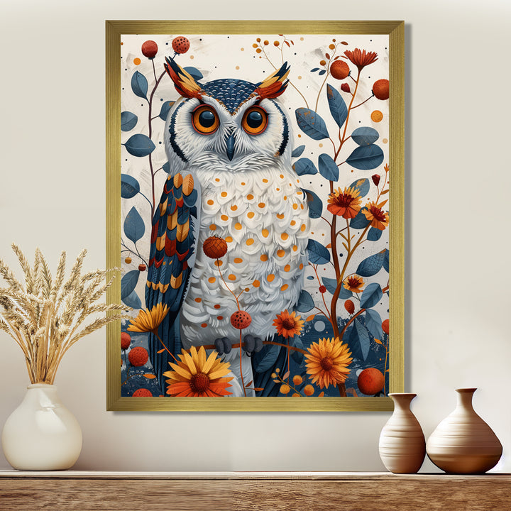 Nobel Owl Blooming Orange Flowers - Owl Large Canvas Wall Art