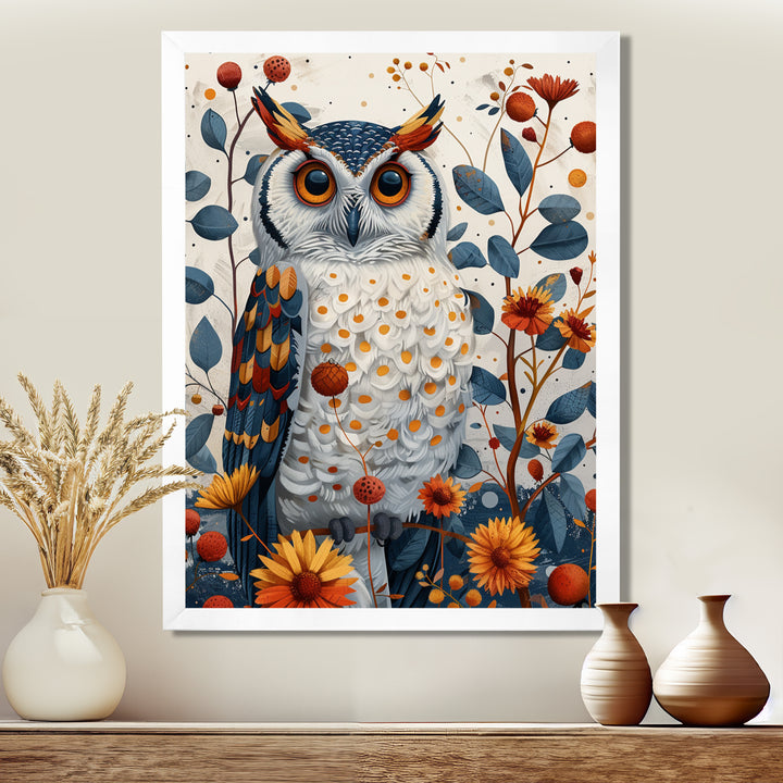 Nobel Owl Blooming Orange Flowers - Owl Large Canvas Wall Art