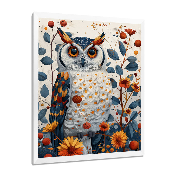 Nobel Owl Blooming Orange Flowers - Owl Large Canvas Wall Art