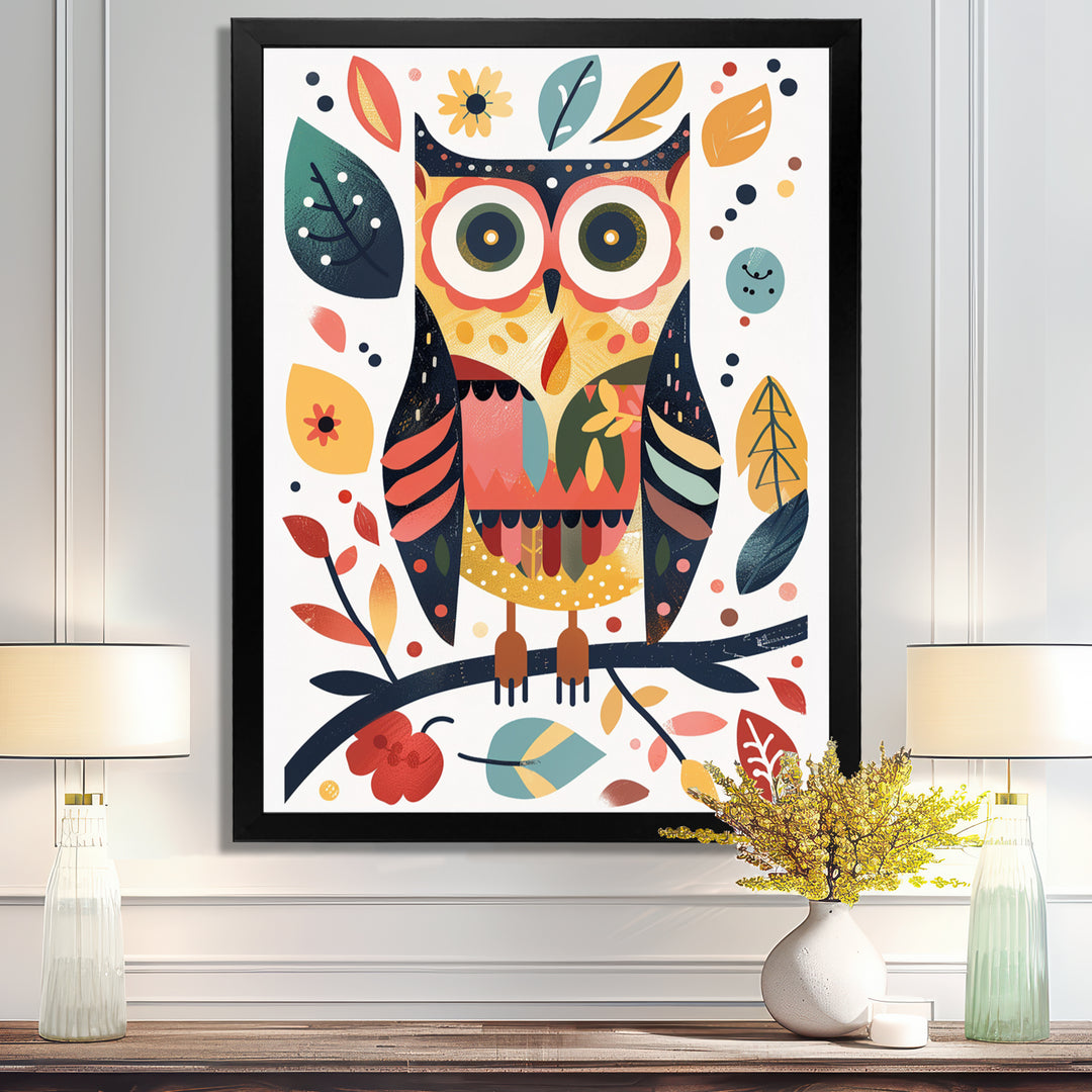 Whimsical Colorful Owl Autumn Leaves Retro - Owl Home Decor Art