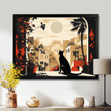 Urban Black Cat Watching The Full Moon Retro Illustration - Cat Canvas Wall Art