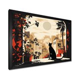 Urban Black Cat Watching The Full Moon Retro Illustration - Cat Canvas Wall Art