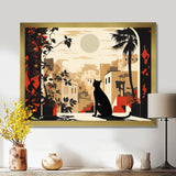 Urban Black Cat Watching The Full Moon Retro Illustration - Cat Canvas Wall Art