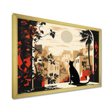 Urban Black Cat Watching The Full Moon Retro Illustration - Cat Canvas Wall Art