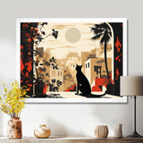 Urban Black Cat Watching The Full Moon Retro Illustration - Cat Canvas Wall Art