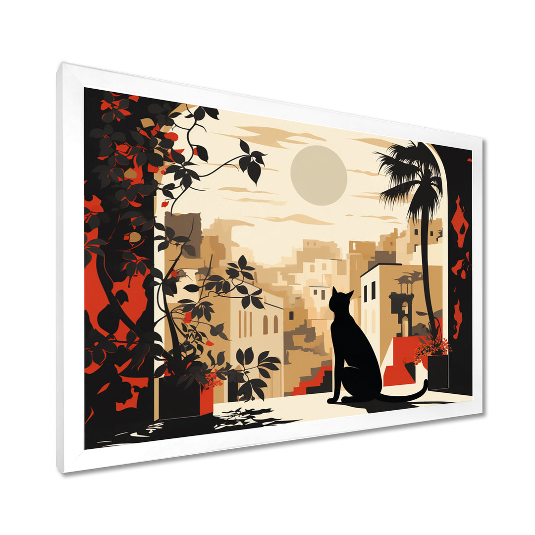 Urban Black Cat Watching The Full Moon Retro Illustration - Cat Canvas Wall Art