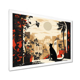 Urban Black Cat Watching The Full Moon Retro Illustration - Cat Canvas Wall Art