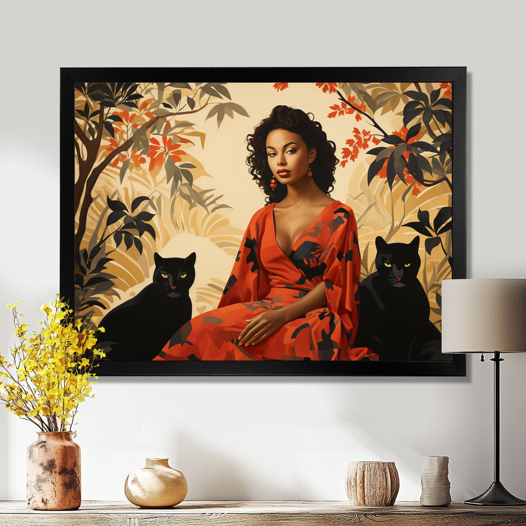 Two Black Panthers Woman In Red Dress - Panther Wall Art Prints