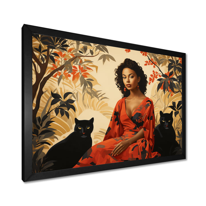 Two Black Panthers Woman In Red Dress - Panther Wall Art Prints