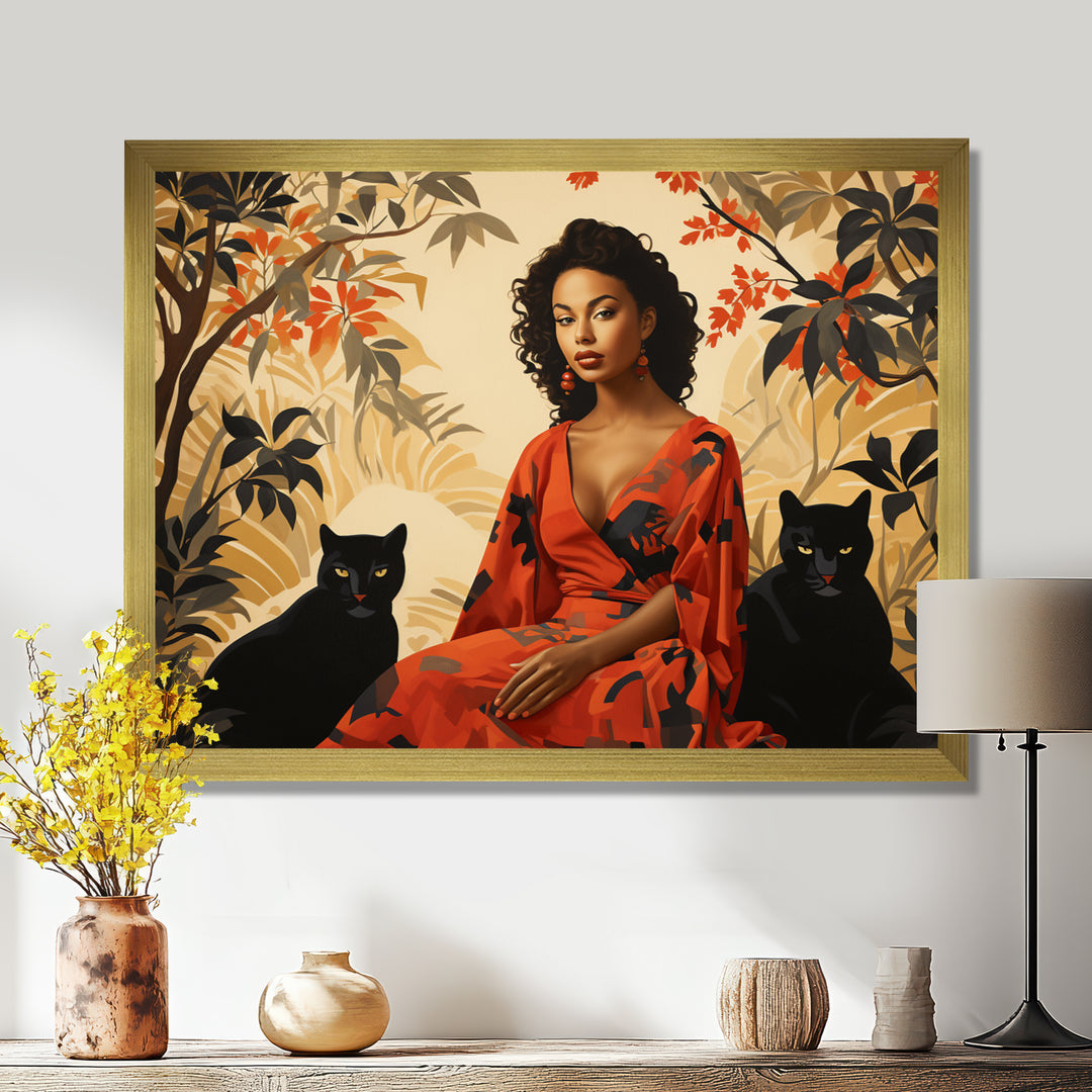Two Black Panthers Woman In Red Dress - Panther Wall Art Prints