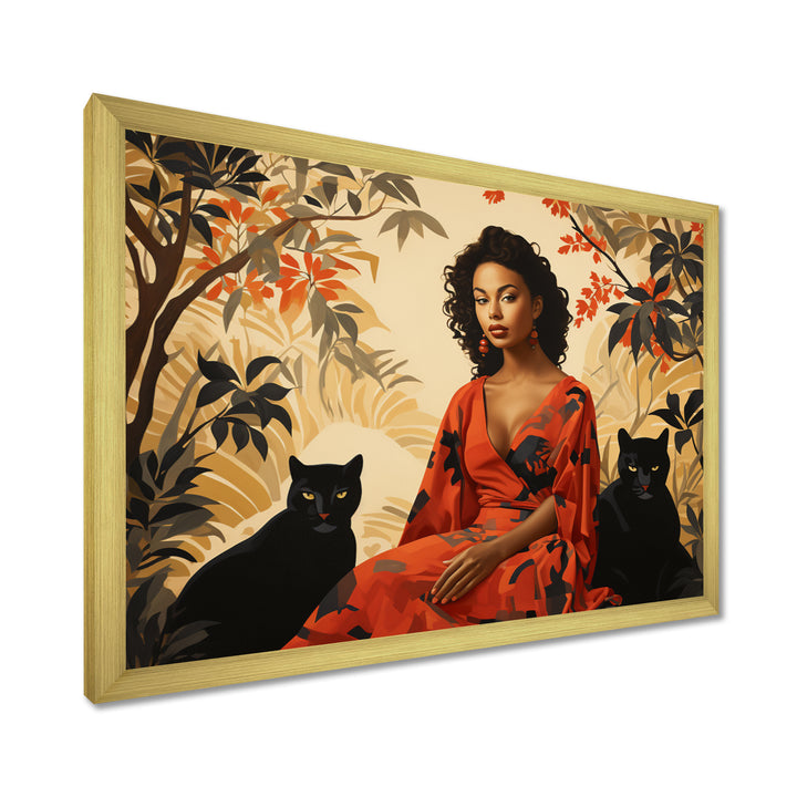 Two Black Panthers Woman In Red Dress - Panther Wall Art Prints