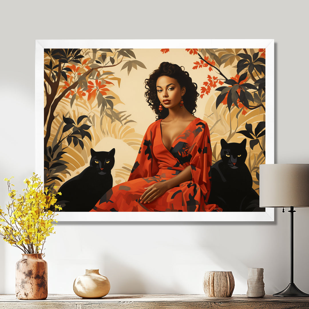 Two Black Panthers Woman In Red Dress - Panther Wall Art Prints