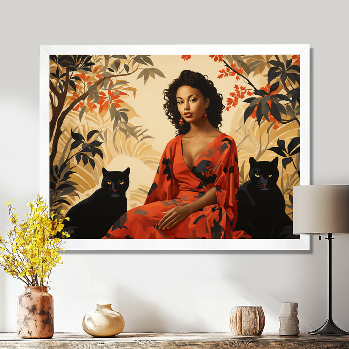 Two Black Panthers Woman In Red Dress - Panther Wall Art Prints