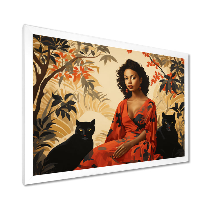 Two Black Panthers Woman In Red Dress - Panther Wall Art Prints
