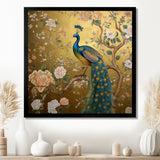 Majestic Peacock On Vintage Gold Blooming White Flowers - Peacock Living Room Wall Art