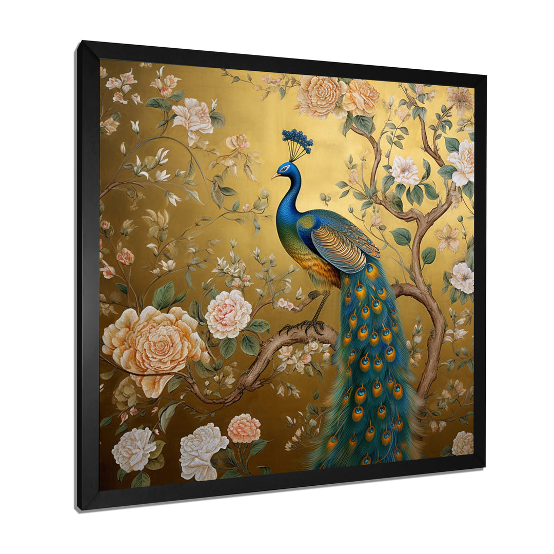 Majestic Peacock On Vintage Gold Blooming White Flowers - Peacock Living Room Wall Art