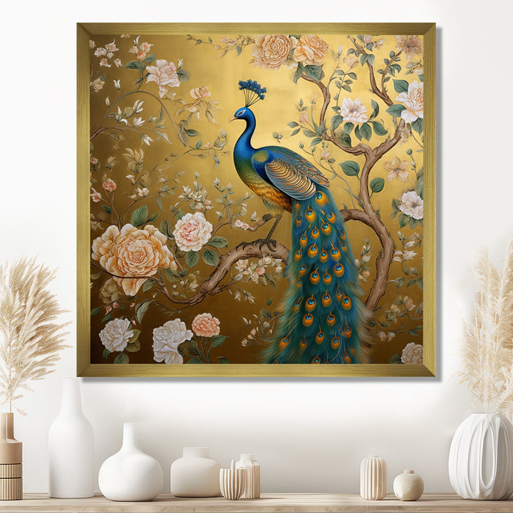 Majestic Peacock On Vintage Gold Blooming White Flowers - Peacock Living Room Wall Art
