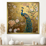 Majestic Peacock On Vintage Gold Blooming White Flowers - Peacock Living Room Wall Art