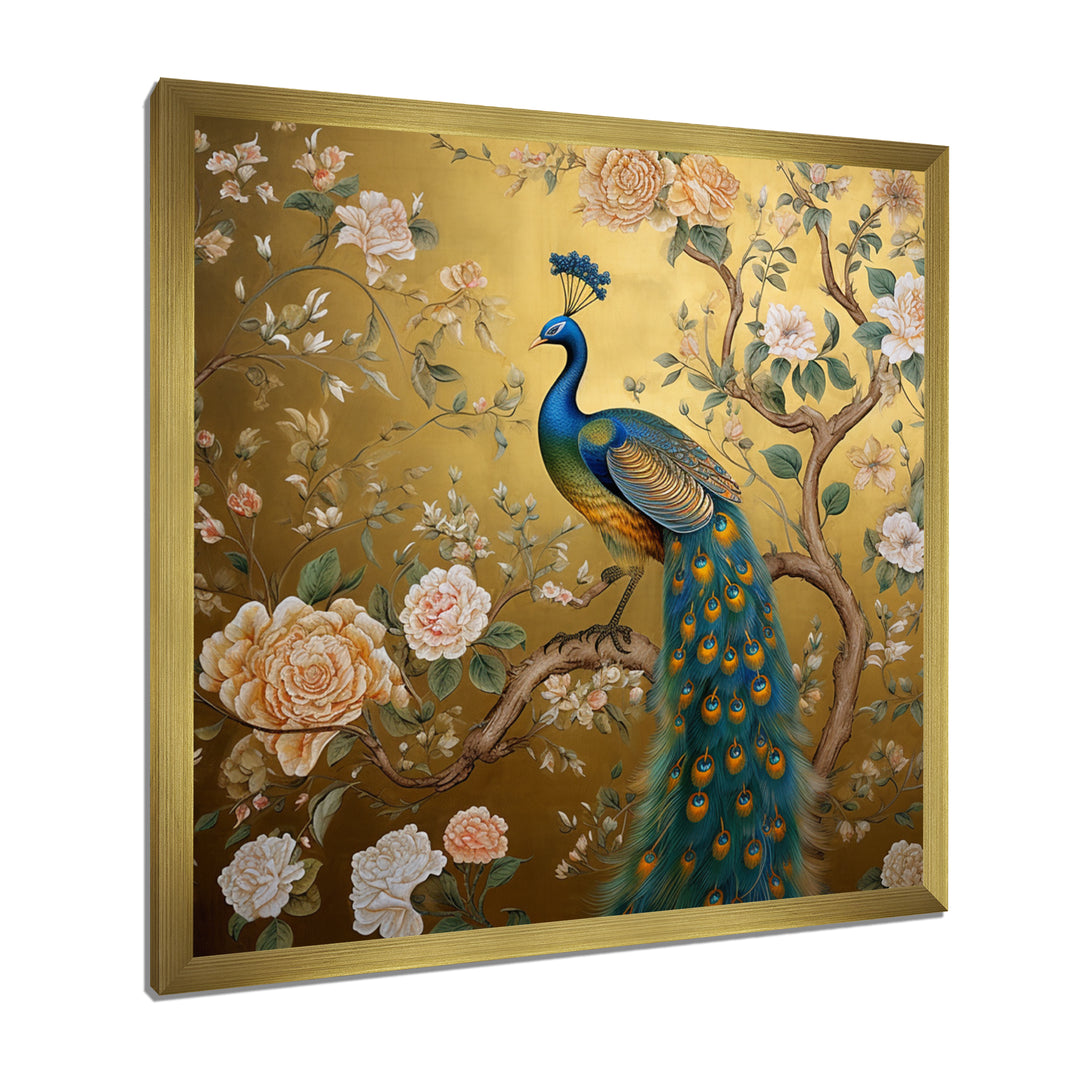 Majestic Peacock On Vintage Gold Blooming White Flowers - Peacock Living Room Wall Art