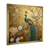 Majestic Peacock On Vintage Gold Blooming White Flowers - Peacock Living Room Wall Art