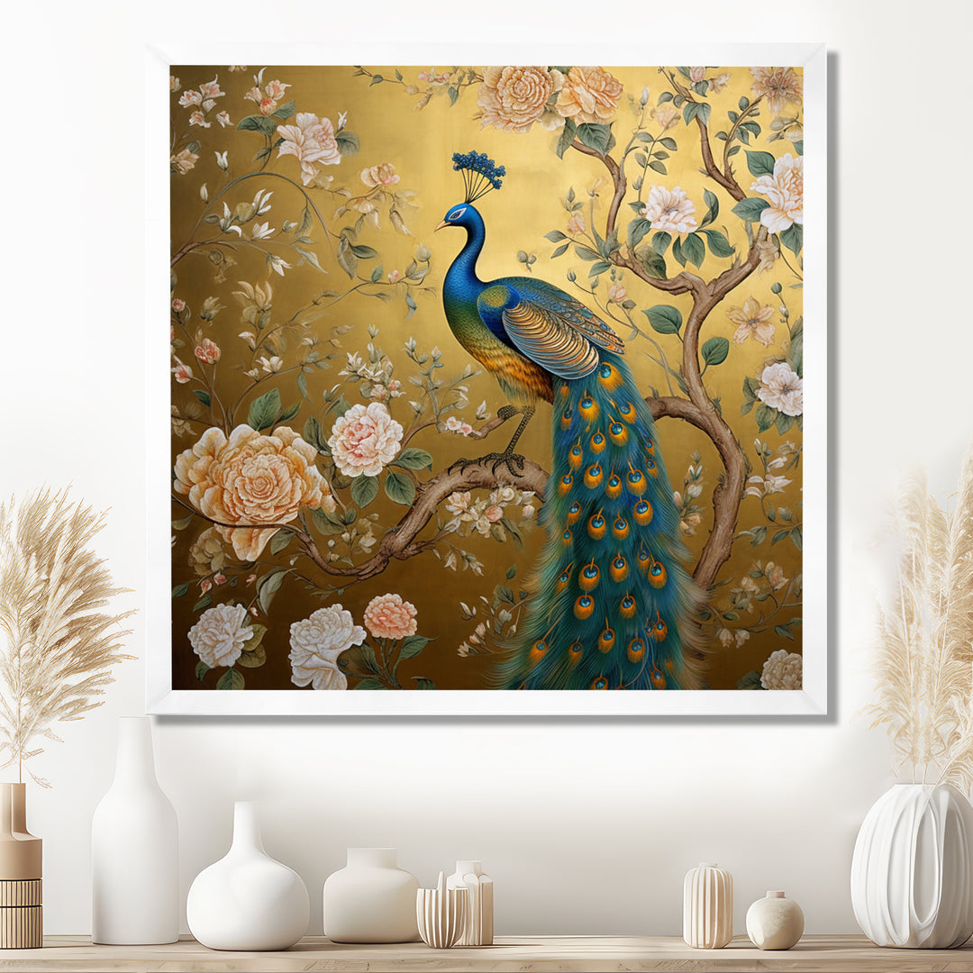 Majestic Peacock On Vintage Gold Blooming White Flowers - Peacock Living Room Wall Art