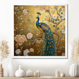 Majestic Peacock On Vintage Gold Blooming White Flowers - Peacock Living Room Wall Art