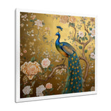 Majestic Peacock On Vintage Gold Blooming White Flowers - Peacock Living Room Wall Art