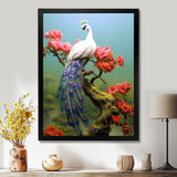 White Peacock On Branch With Red Flowers - Peacock Canvas Wall Art