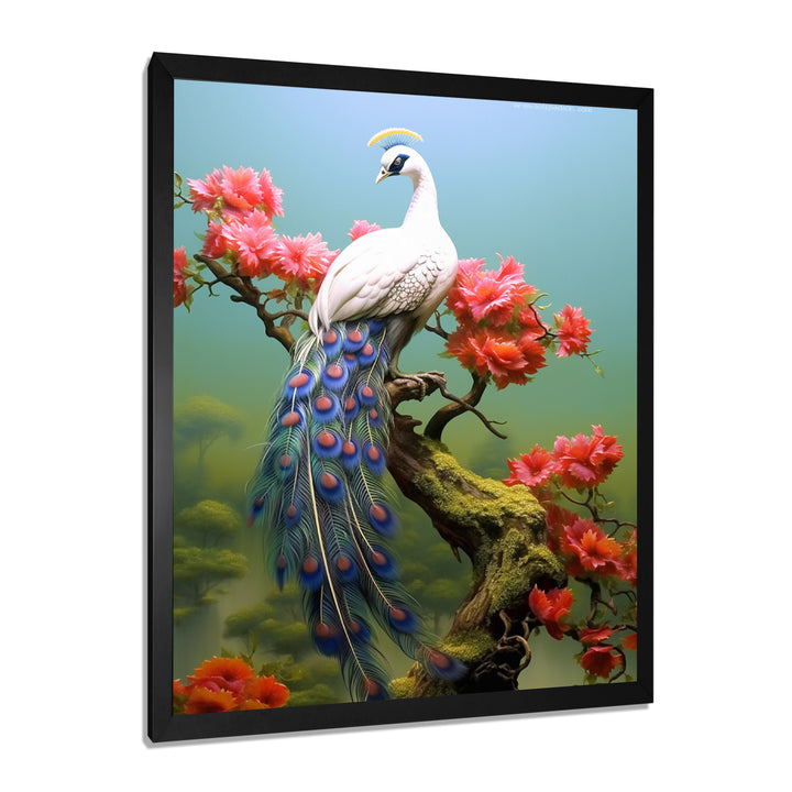 White Peacock On Branch With Red Flowers - Peacock Canvas Wall Art