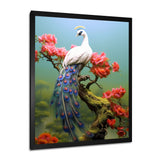 White Peacock On Branch With Red Flowers - Peacock Canvas Wall Art