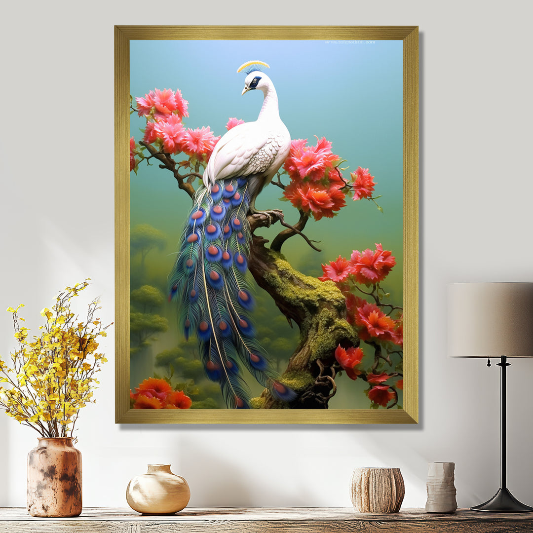 White Peacock On Branch With Red Flowers - Peacock Canvas Wall Art